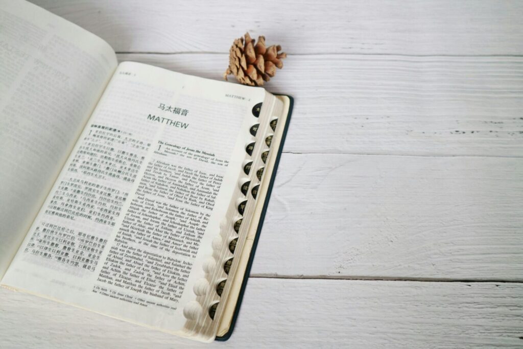 Open Bible displaying the Book of Matthew on a wooden surface with a pine cone accent.
